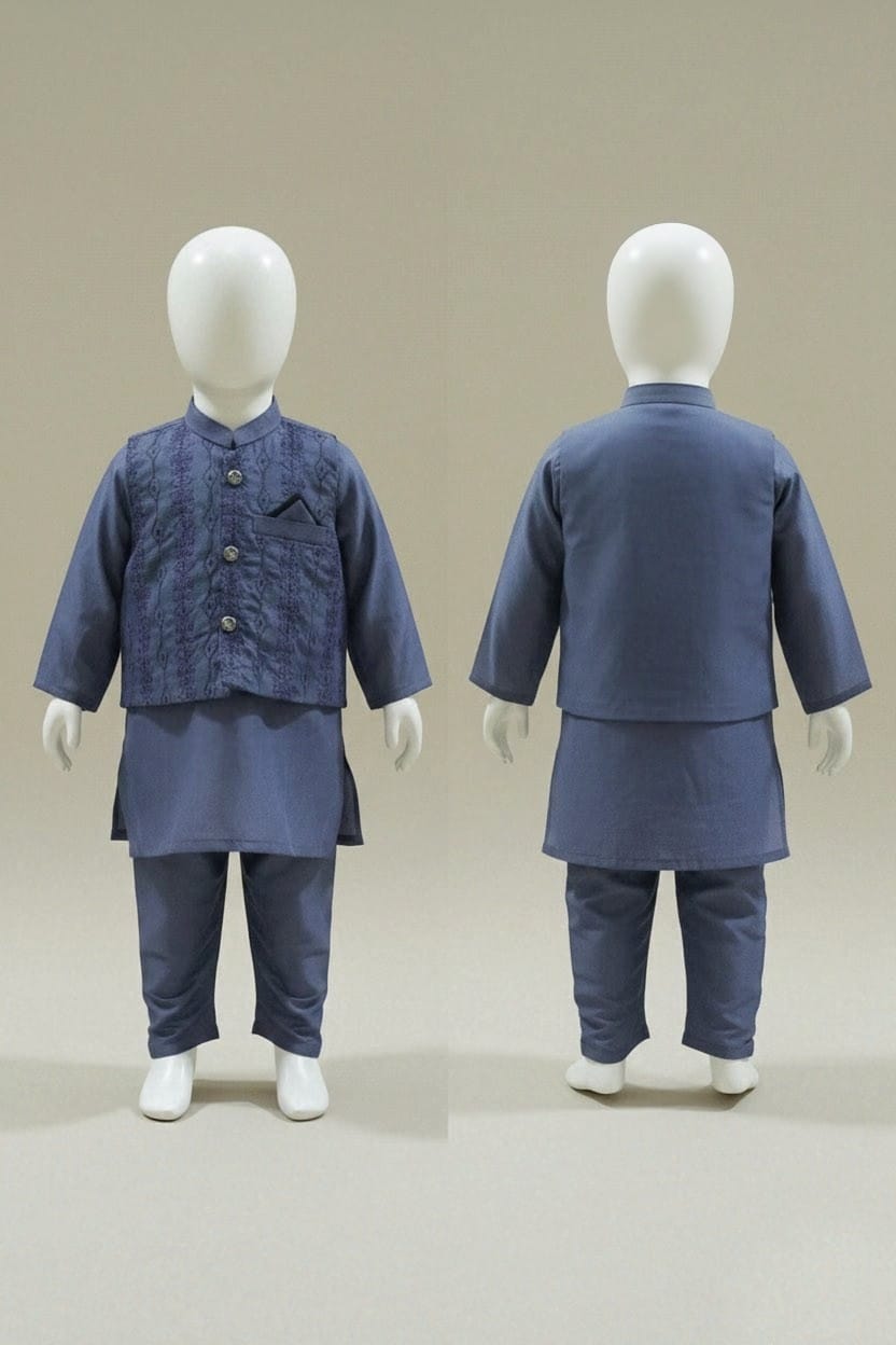 Boys' Premium 3-Piece Embroidered Waistcoat, Kurta & Pajama Set