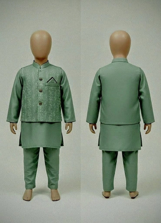 Boys' Premium 3-Piece Embroidered Waistcoat, Kurta & Pajama Set