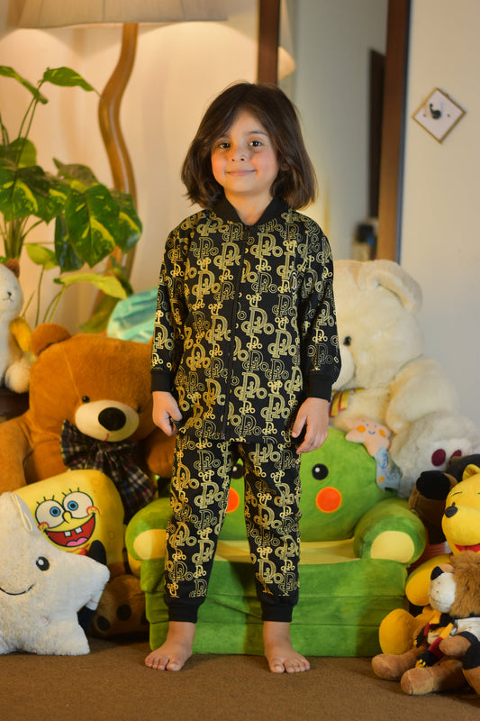 Black & Gold Printed Kids Tracksuit