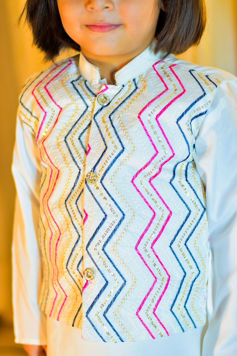 White Kurta Suit with Multicolor Embroidered Waistcoat Set