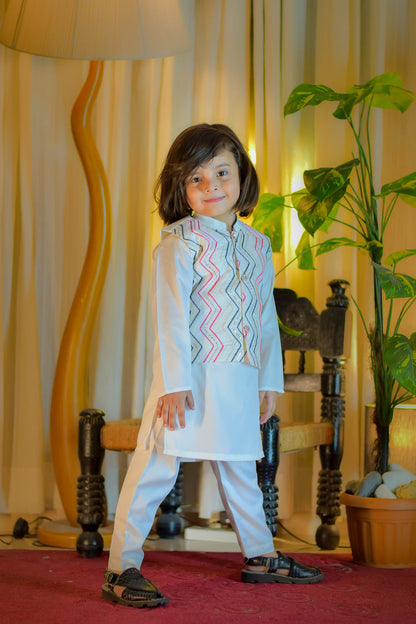 White Kurta Suit with Multicolor Embroidered Waistcoat Set