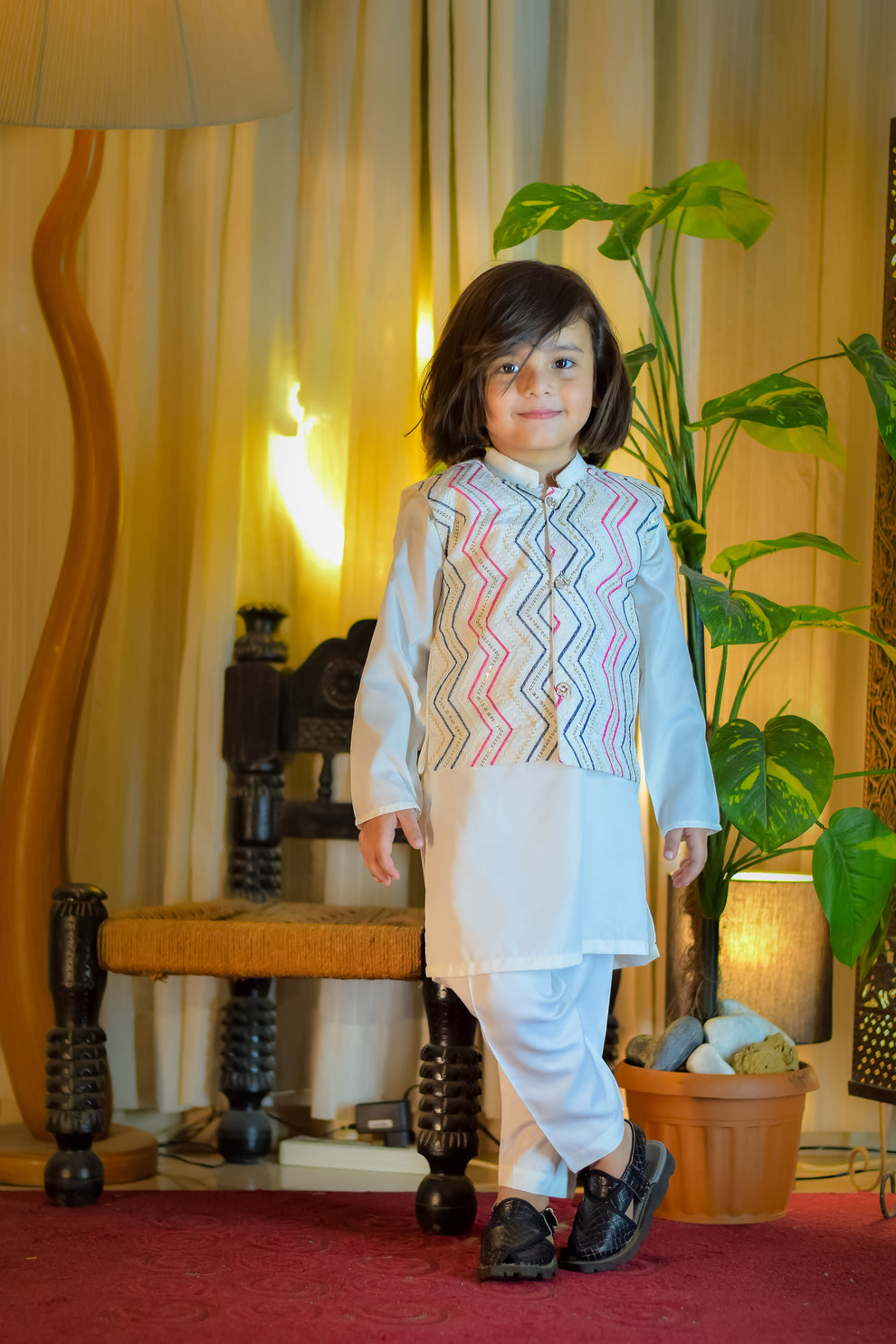 White Kurta Suit with Multicolor Embroidered Waistcoat Set