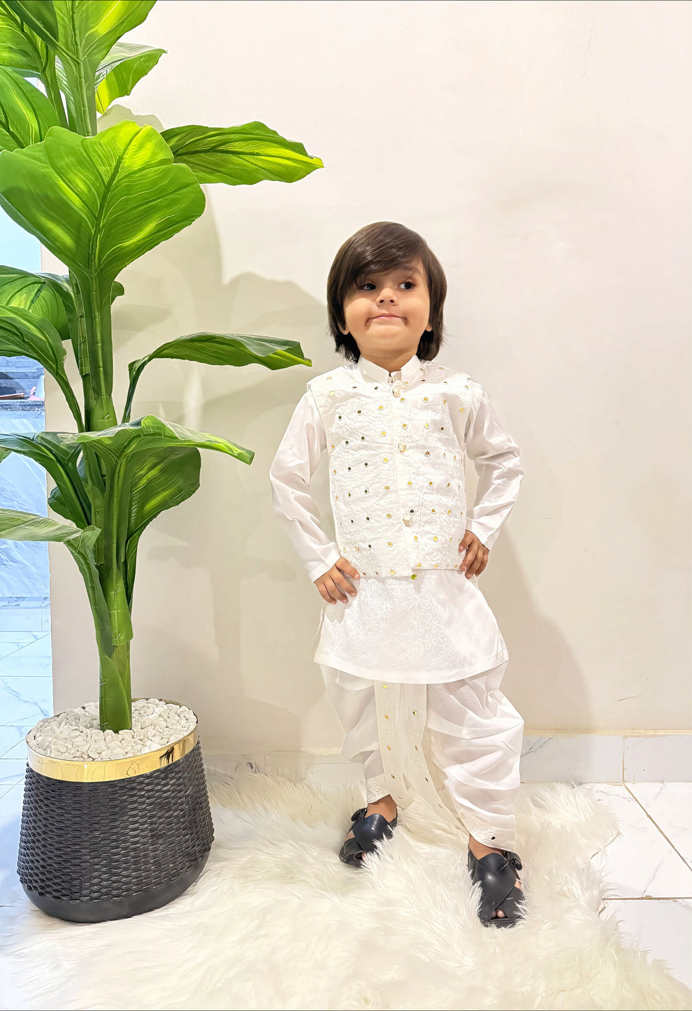 White Embroidered Traditional Dhoti Set